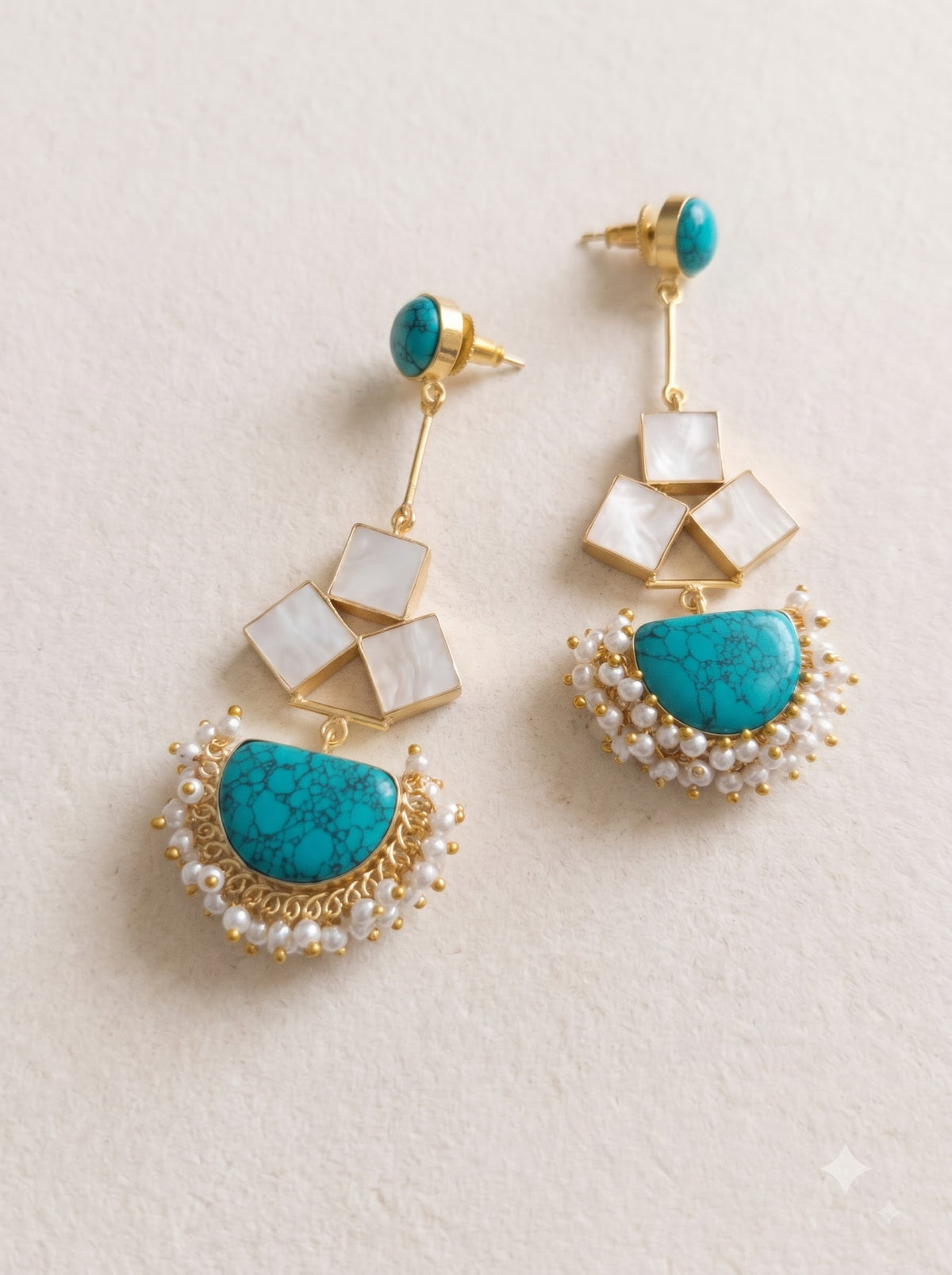 Turquoise Moon & Pearl Drop Earrings with Natural Gemstones