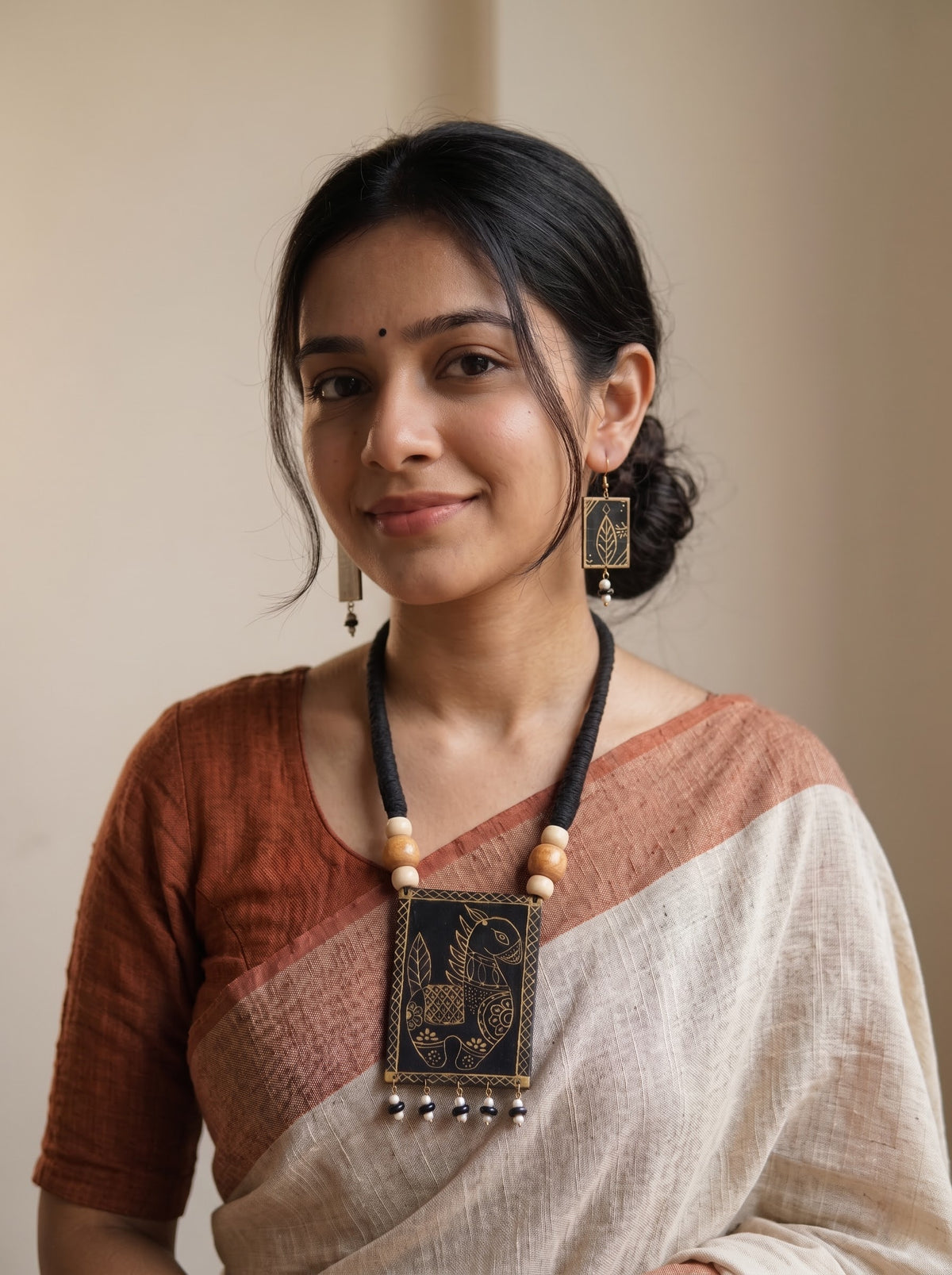 Hand Painted Fabric Black and Gold Necklace Set