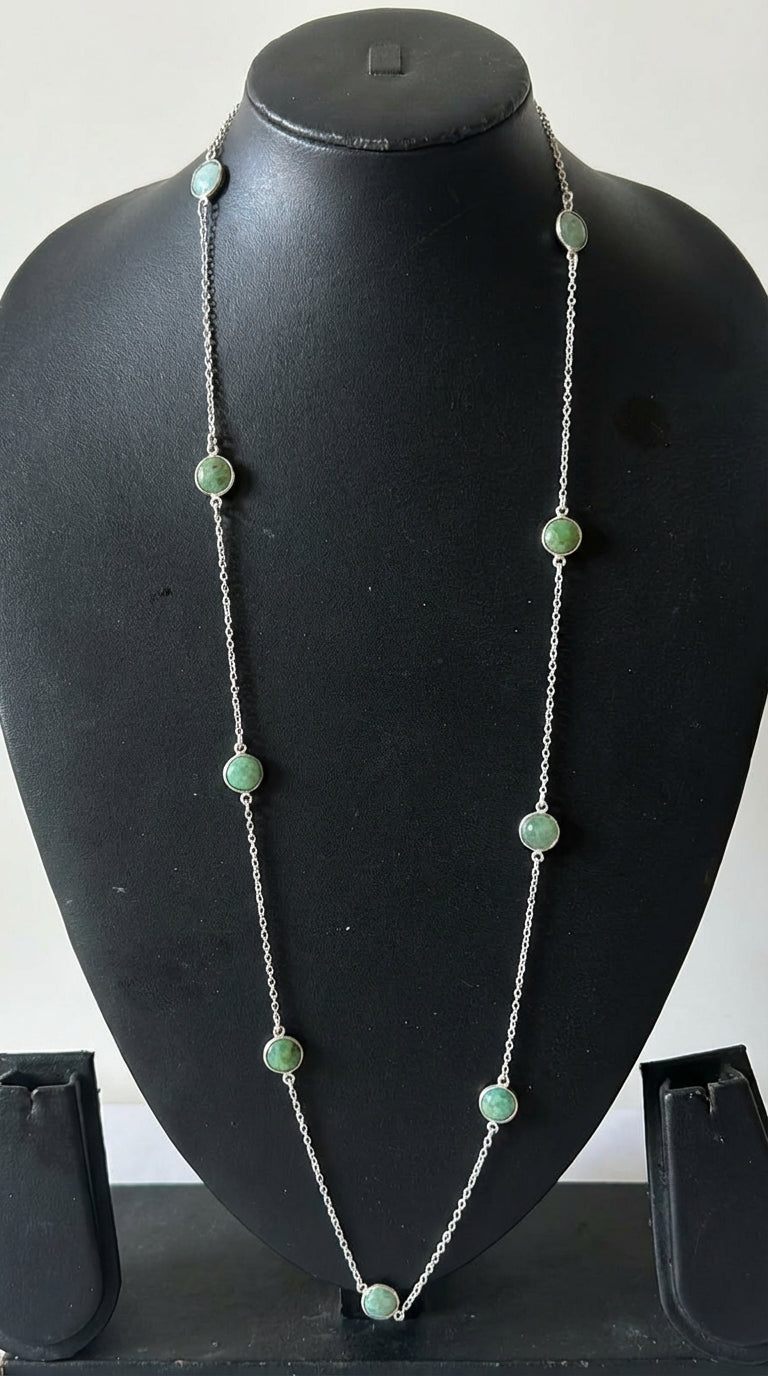 Natural Gemstones Embedded Silver Long Chain Necklace