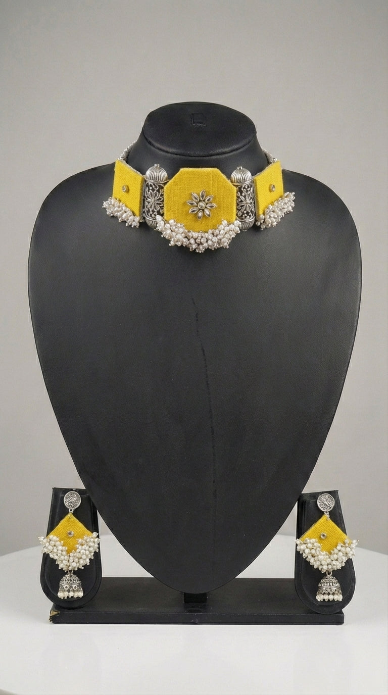Yellow Pearl Choker Fabric Necklace Set with Maang Tika