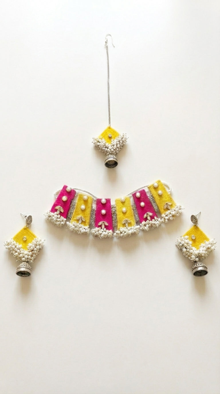 Yellow Pearl Choker Fabric Necklace Set with Maang Tika
