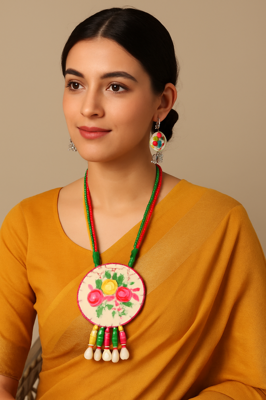 Hand Stitched Flowers Vibrant Handmade Fabric Necklace Set with Multi-Color Wooden Beads with Adjustable Closure