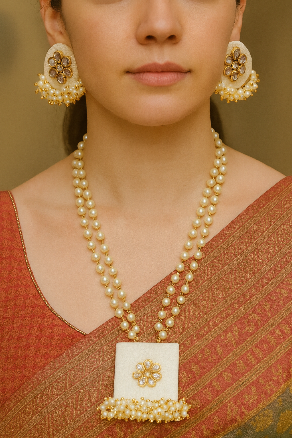 White and Gold Toned Adjustable Dori Closure White Fabric Necklace Set