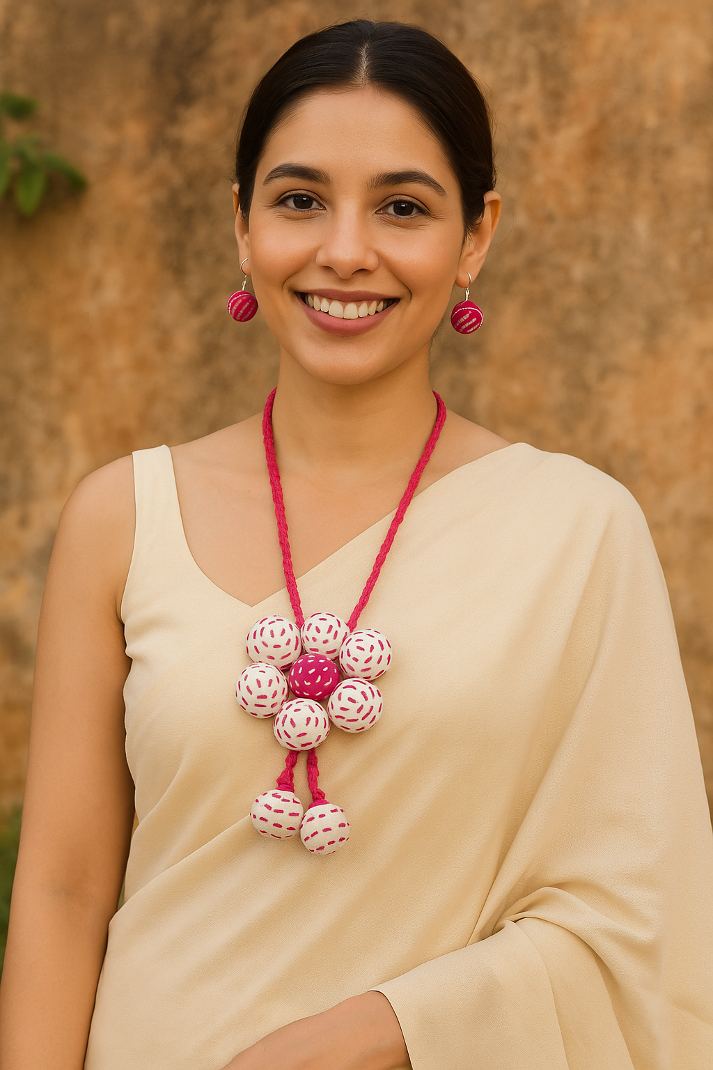 White and Pink Fabric Kantha Embroidered Flower Thread Closure Necklace Set