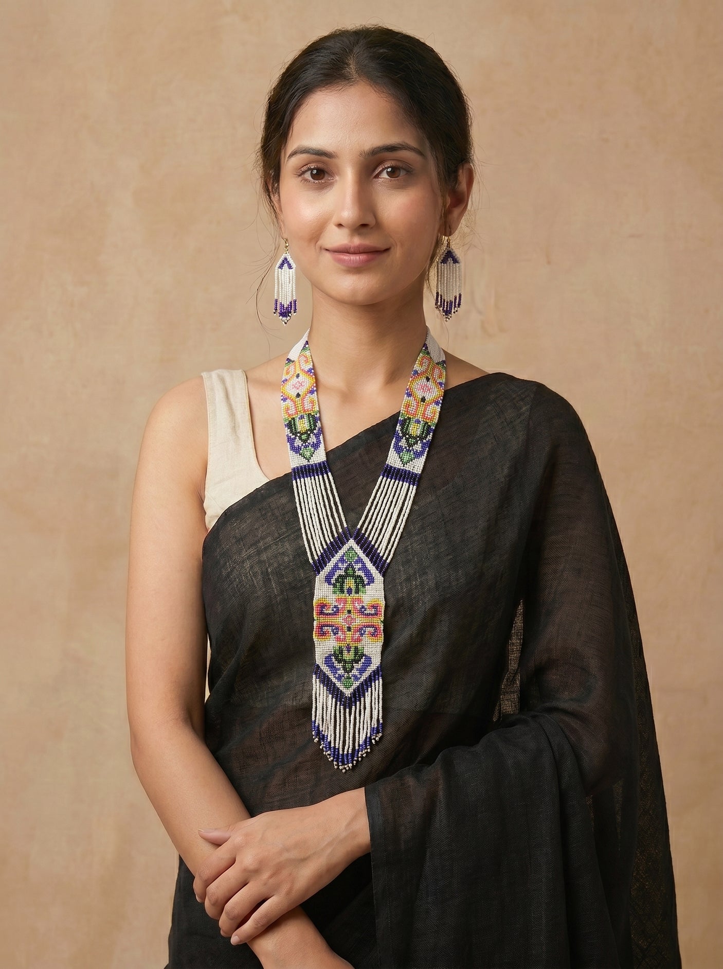 White and Multi-Color Hand Beaded Long Necklace Set