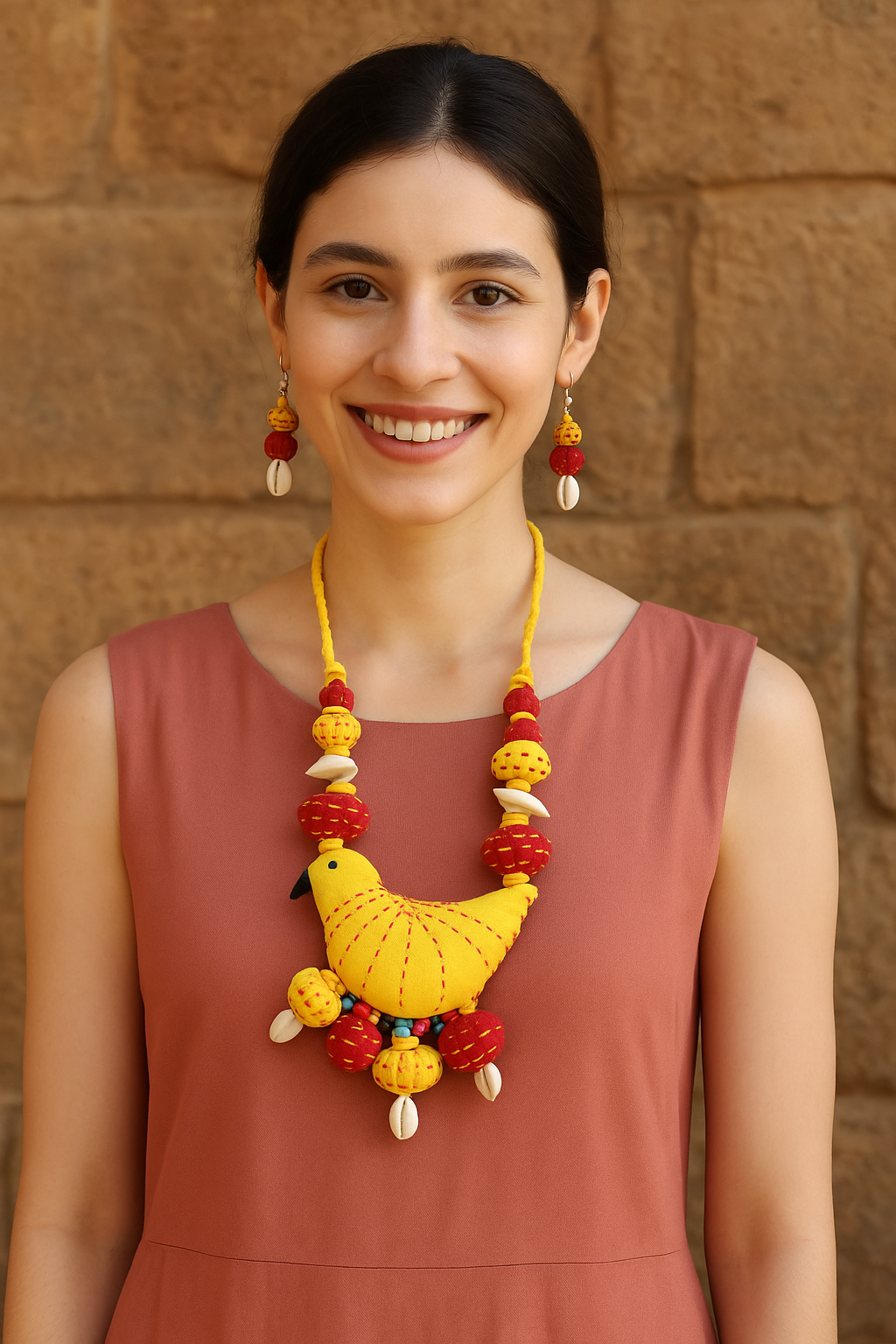 Kantha Embroidered Yellow and Red Fabric and Shells Handmade Necklace