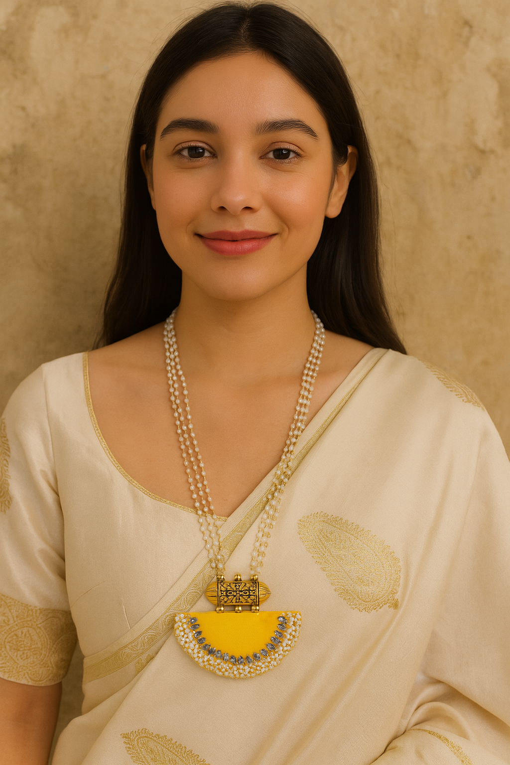 Vibrant Yellow Fabric Kundan Stones and White Pearl Beads Necklace