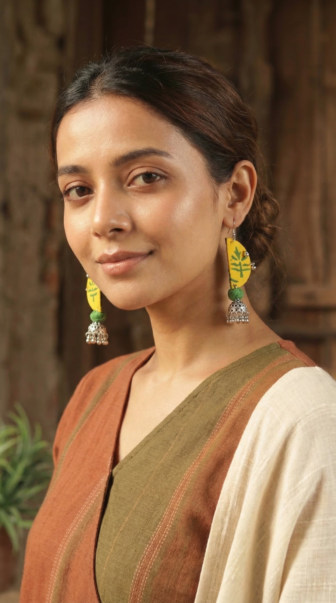 Yellow Batik Half Moon with Silver Jhumka Fabric Earrings