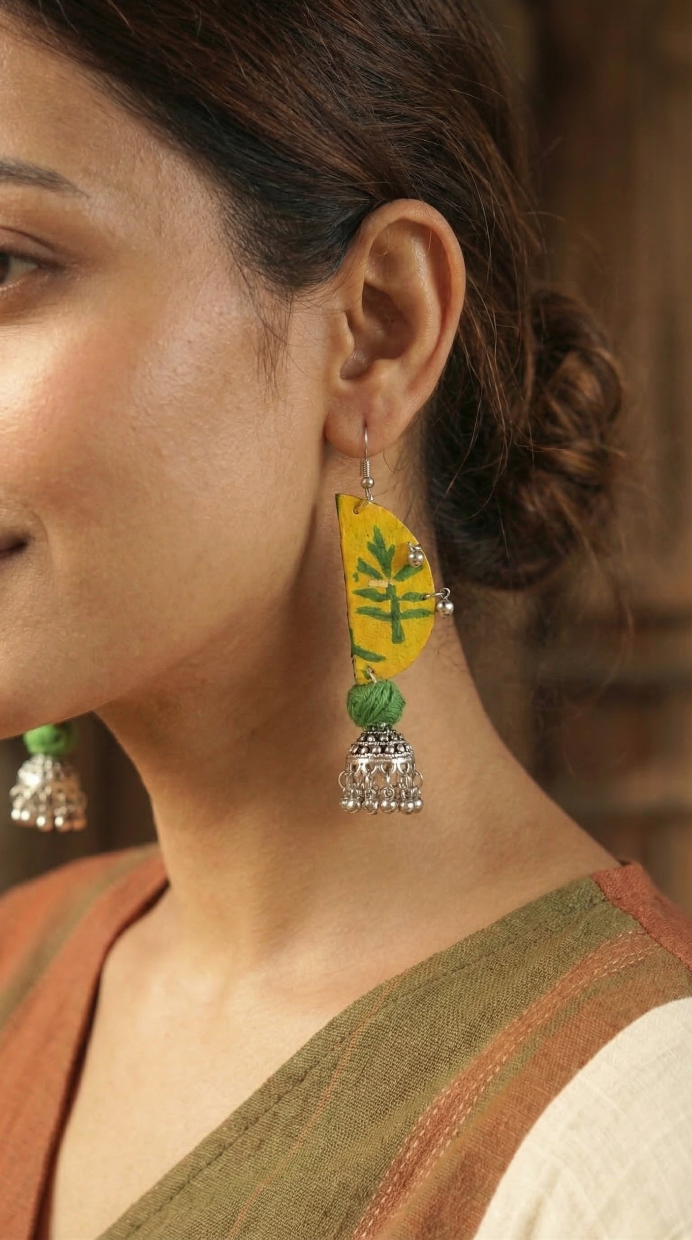 Yellow Batik Half Moon with Silver Jhumka Fabric Earrings
