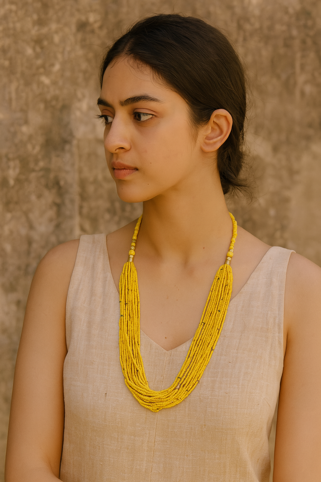 Yellow Multi-Layered Hook Closure Handmade Necklace