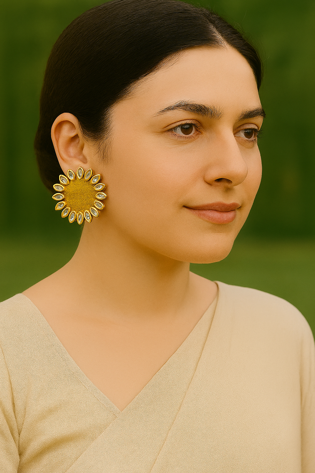 Yellow Fabric and Kundan Stones Embellished Stud Earrings