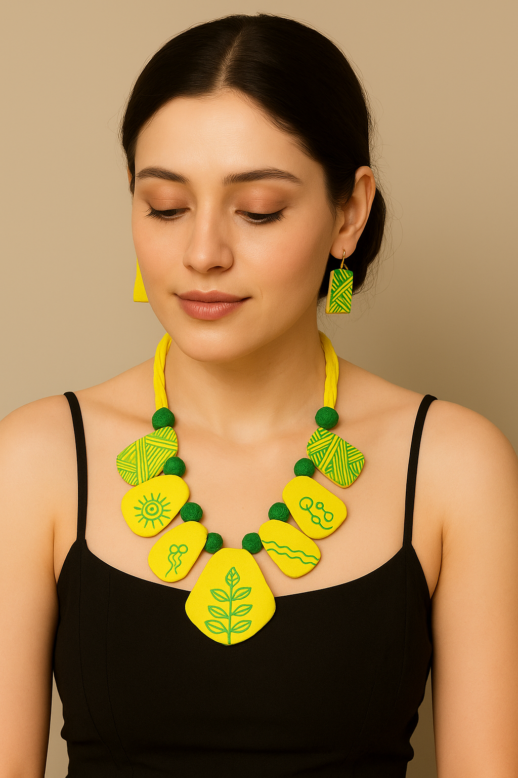 Vibrant Yellow and Green Hand Painted Fabric Choker Necklace Set with Adjustable Closure