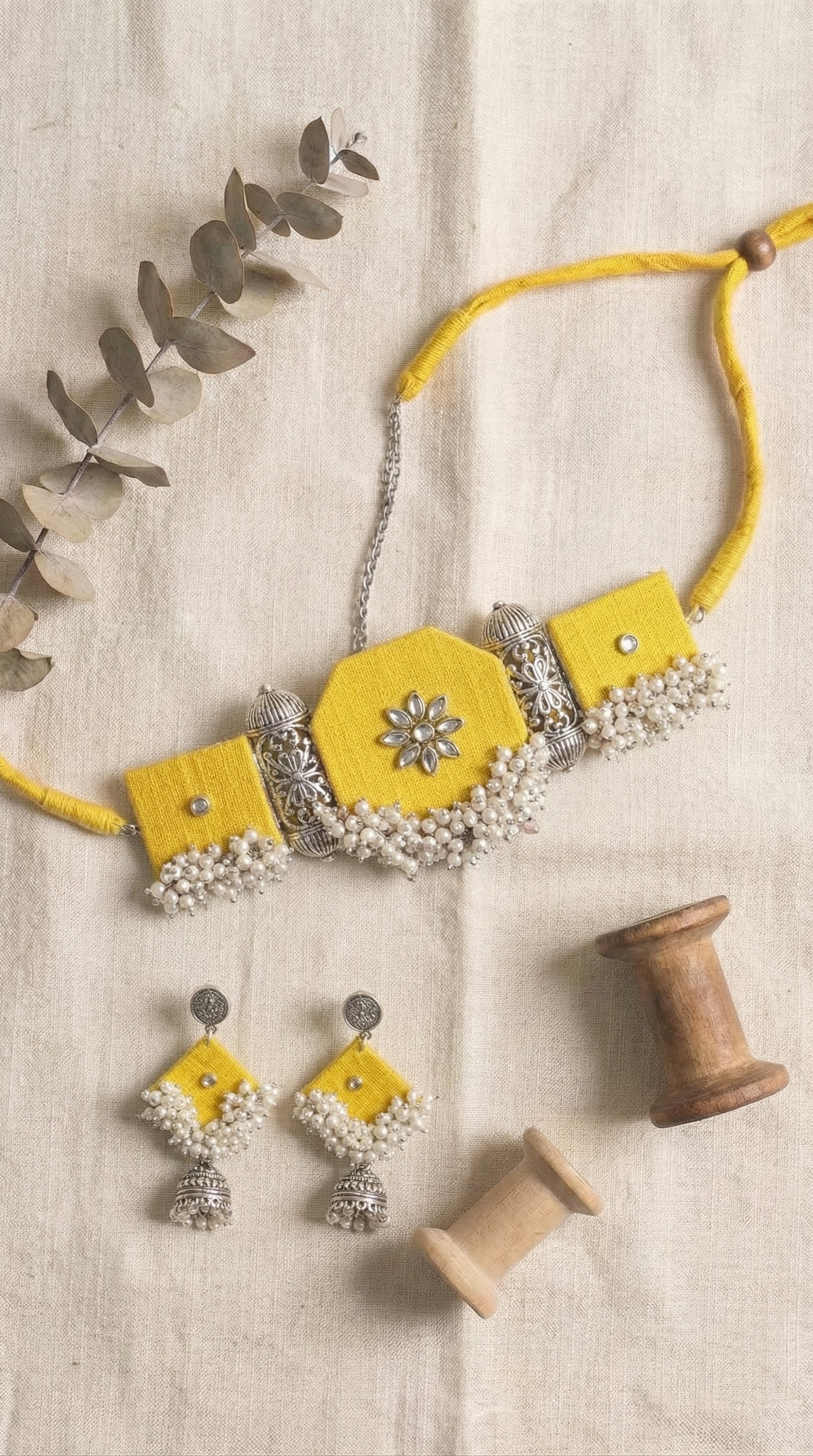 Yellow Pearl Choker Fabric Necklace Set with Maang Tika