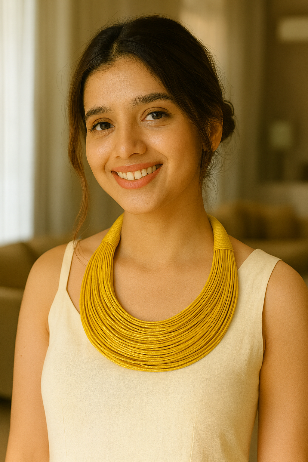 Yellow Handmade Silk Threads Multi-Layer Statement African Choker Necklace