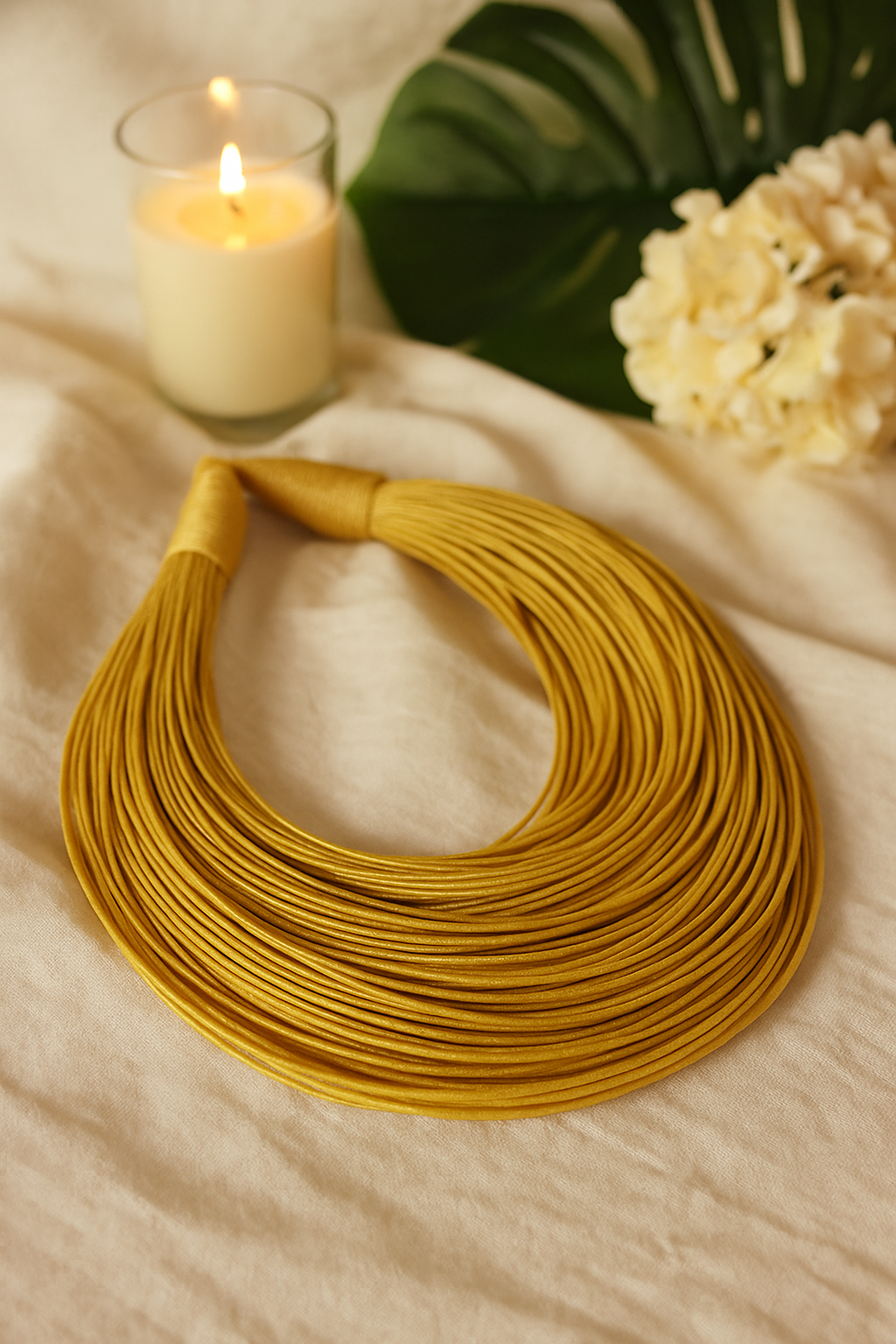 Yellow Handmade Silk Threads Multi-Layer Statement African Choker Necklace
