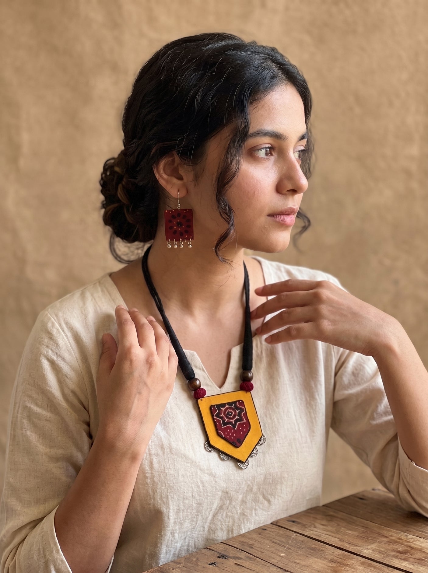 Yellow and Red Ajrakh Print Shield Pendant Necklace Set