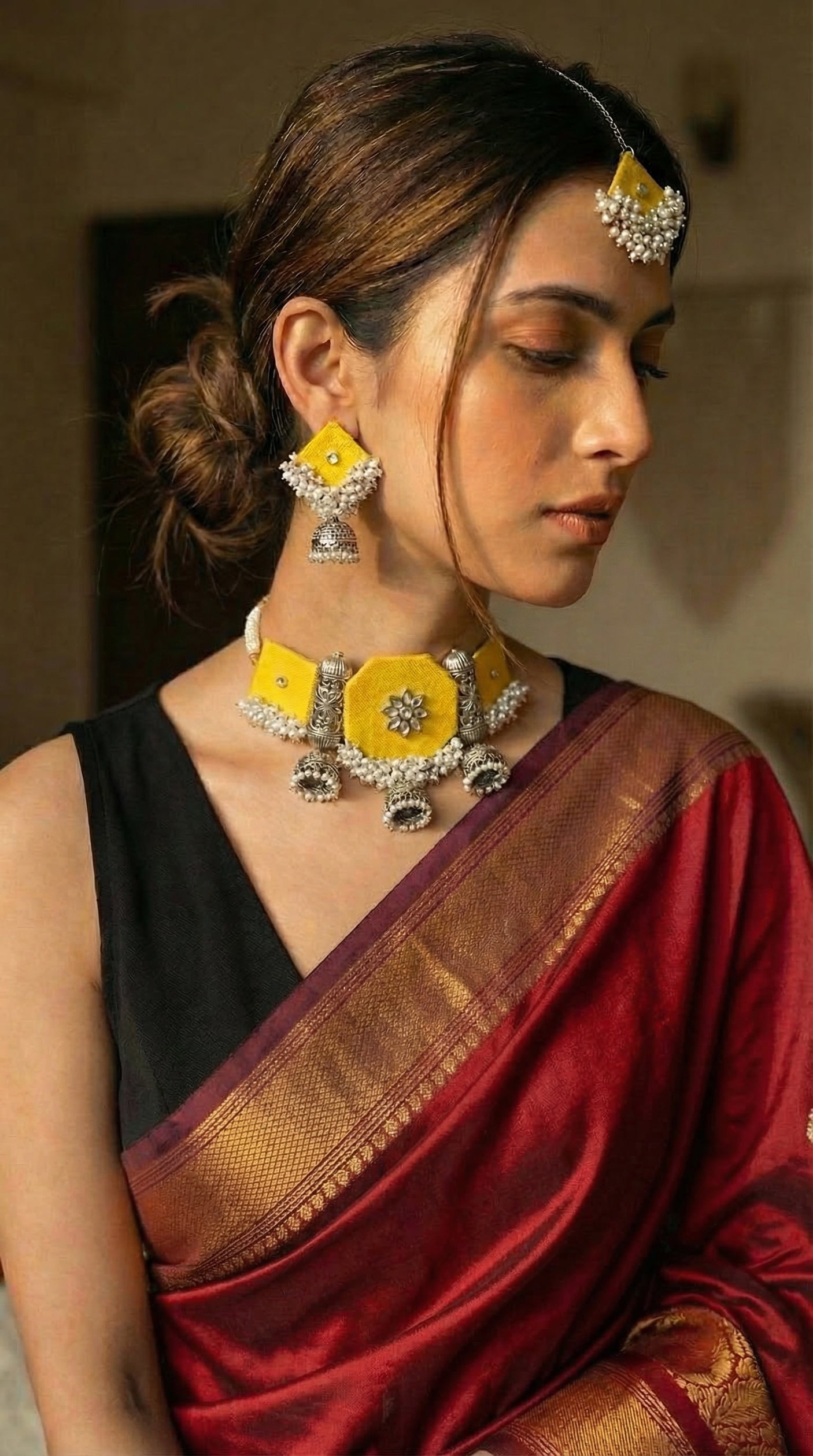 Yellow Pearl Choker Fabric Necklace Set with Maang Tika