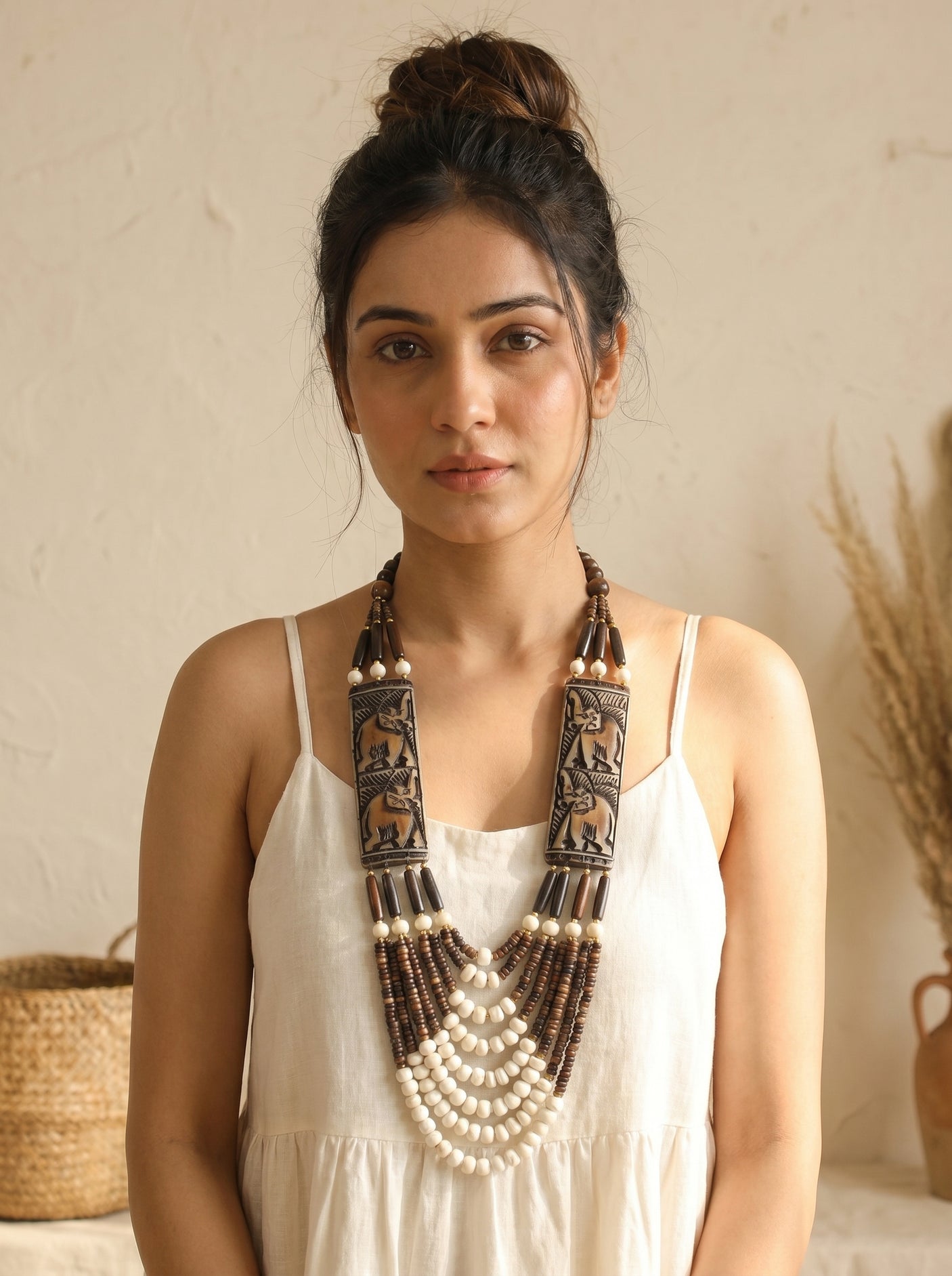 White and Brown Bone Beads Statement Necklace with Elephant Motifs