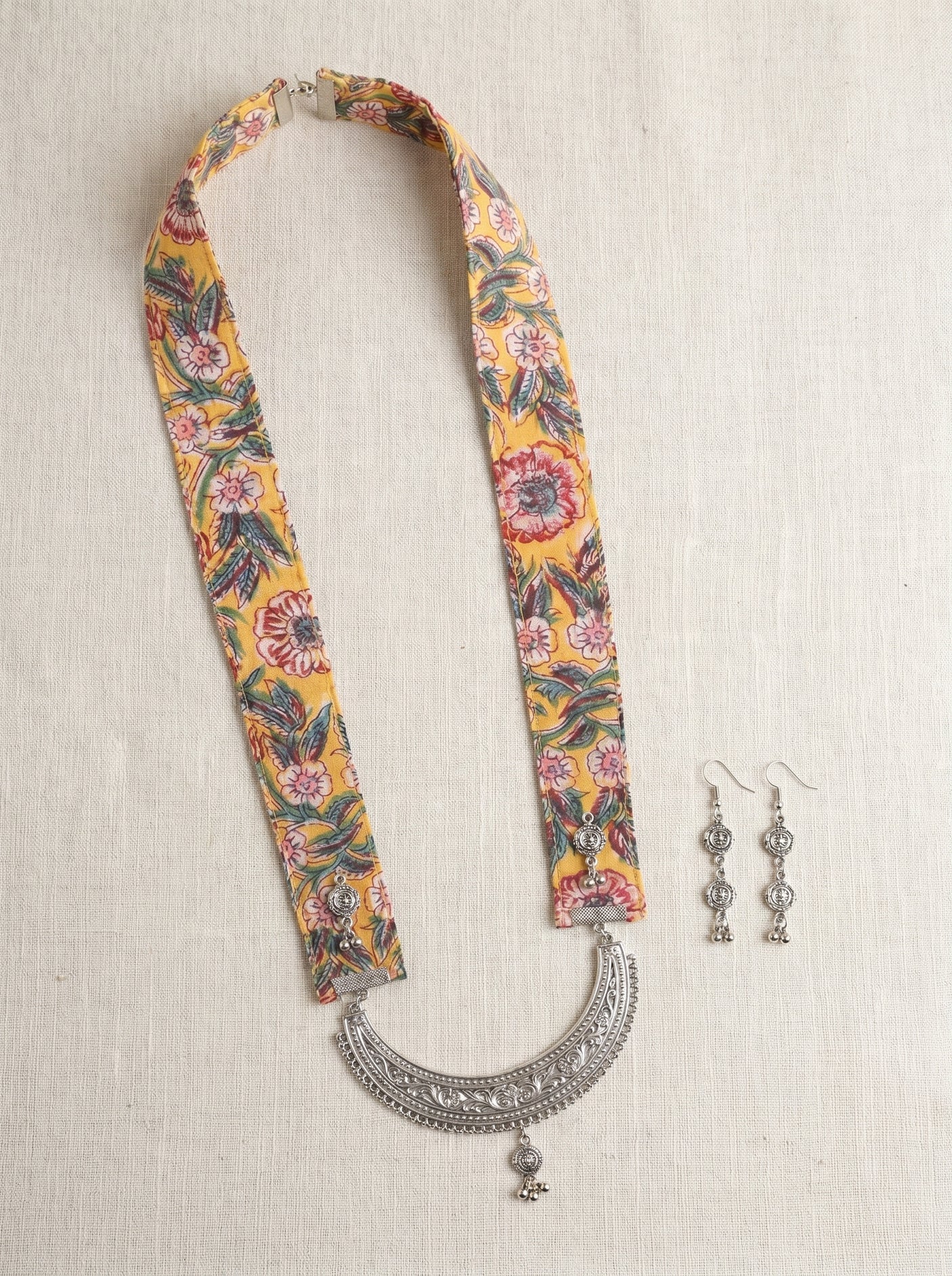 Mustard Yellow Floral Sanganeri Print Statement Pendant Collar Necklace