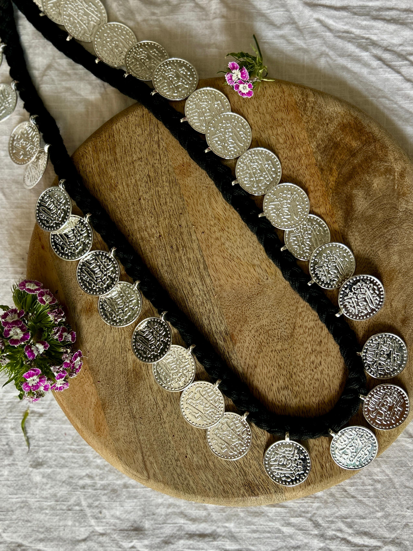 Stamped Metal Coins Braided in long Black Threads Statement Long Necklace
