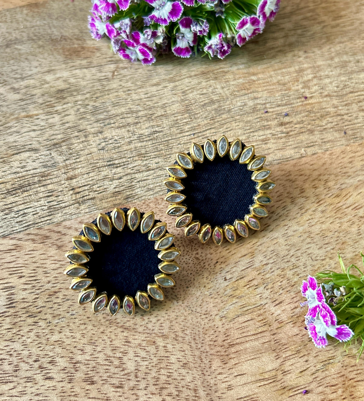 Kundan Stones Embellished Black Fabric Gold Toned Stud Earrings