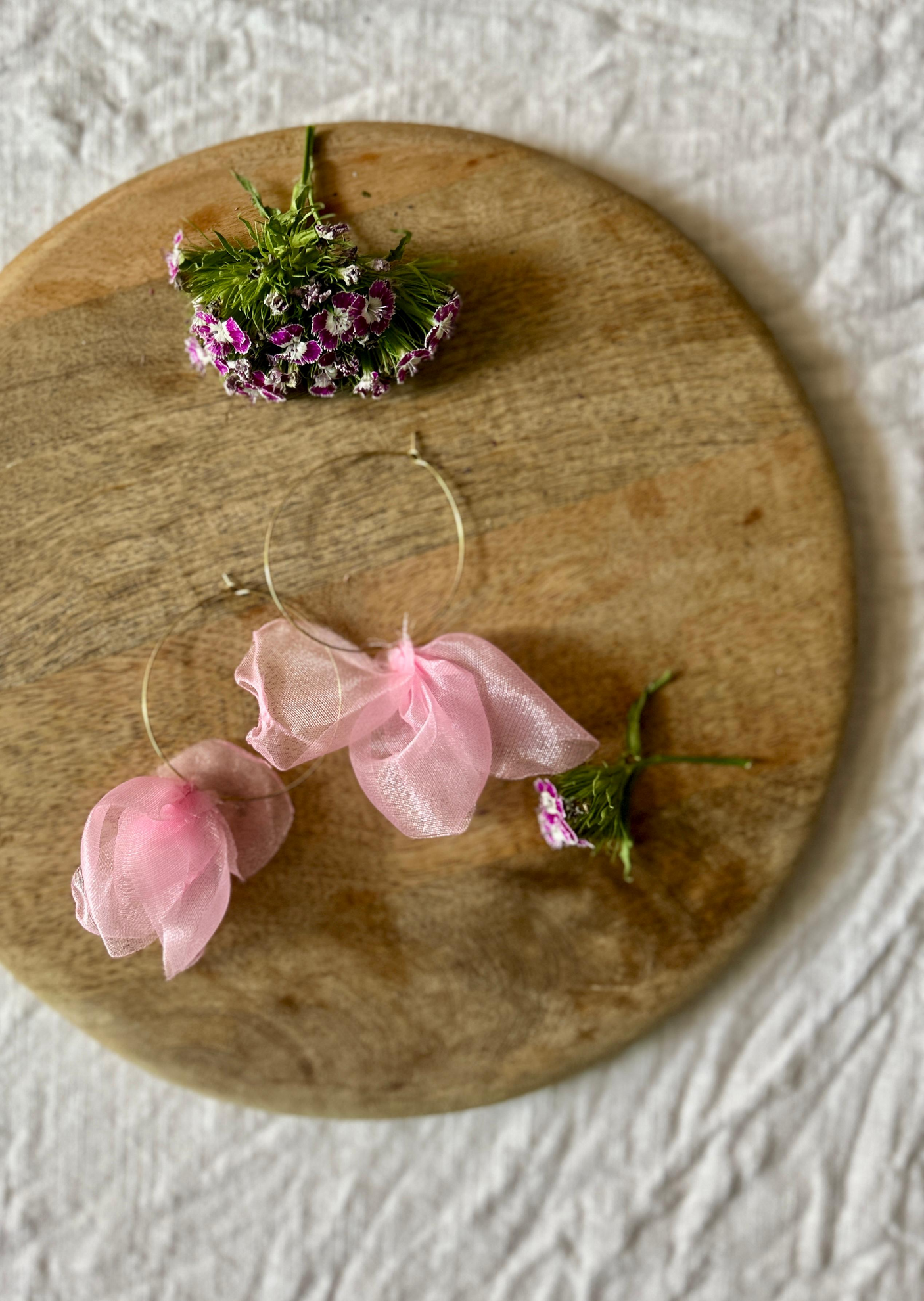 Soft Pink Organza Fabric Flower Gold Toned Hoop Earrings