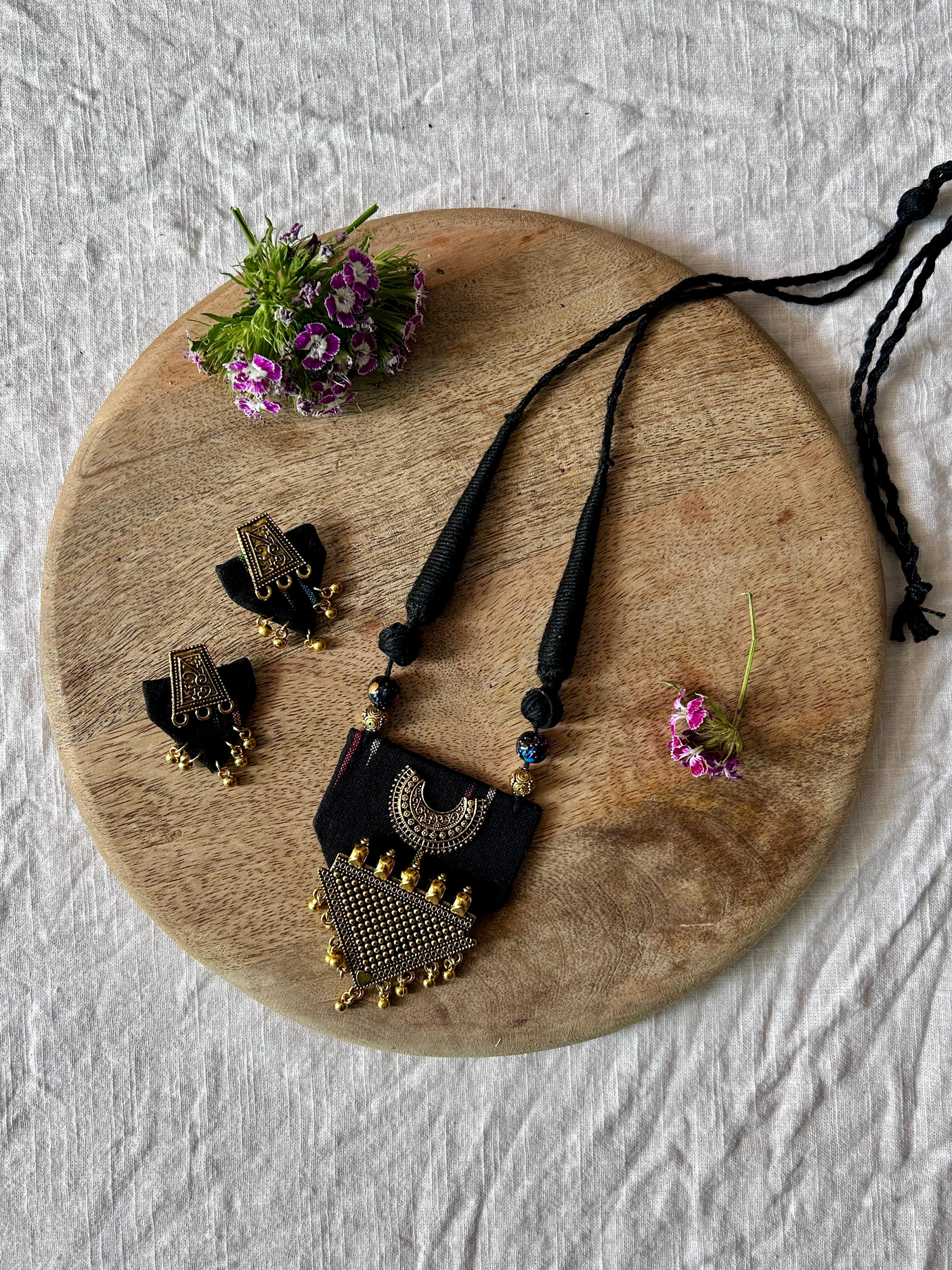 Ikat Fabric Necklace Set with Antique Gold Finish Metal Accents