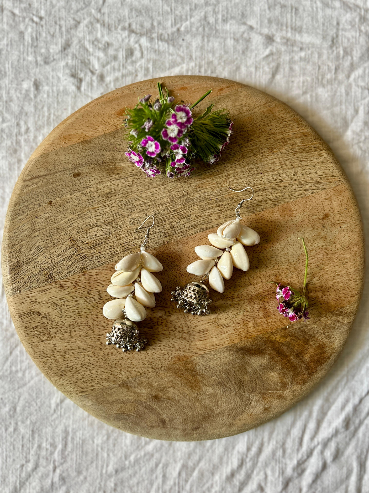 Shell Work Earrings with Metal Jhumkas