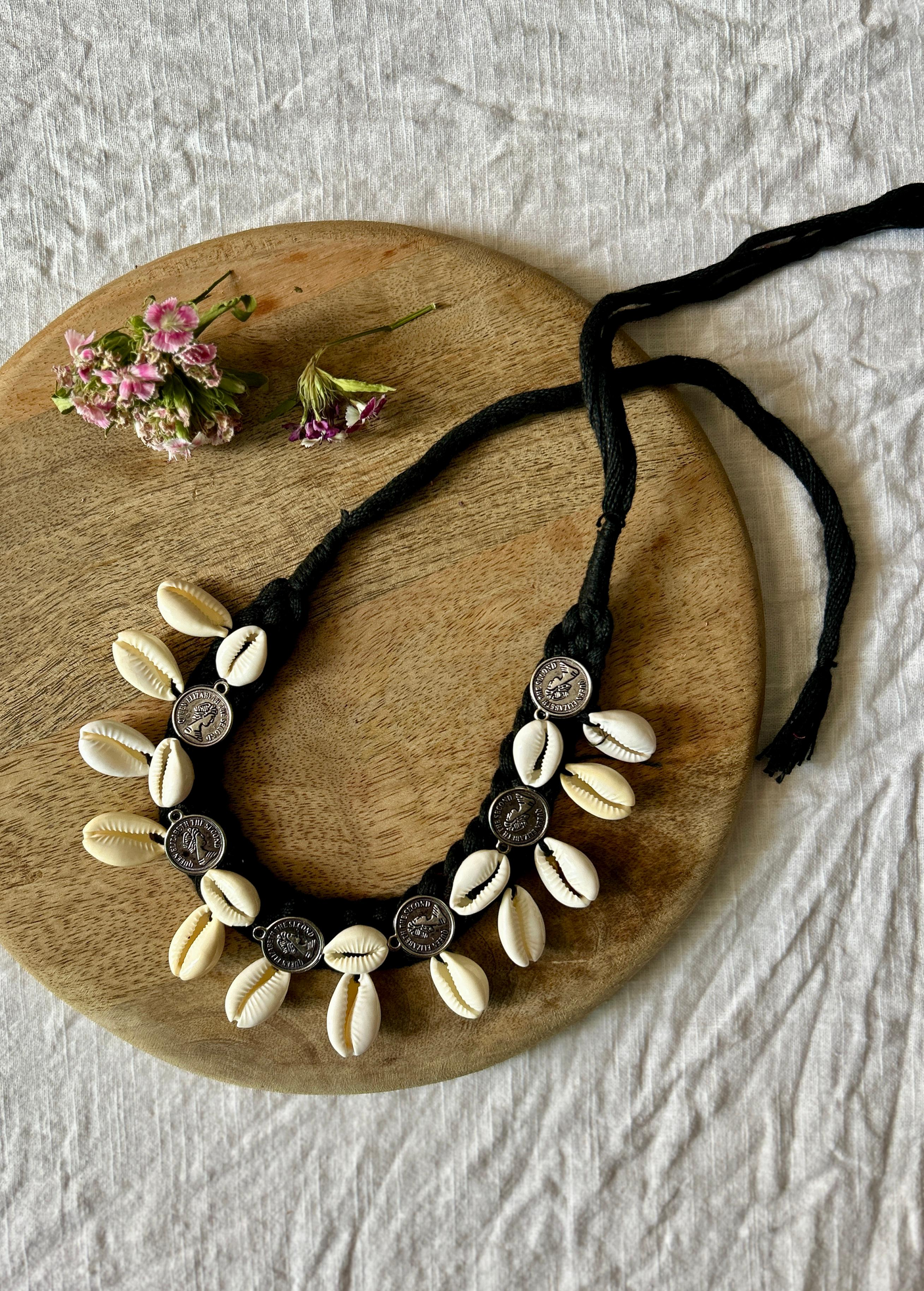 Black Braided Fabric Threads Choker Necklace Set with Shells and Stamped Coins