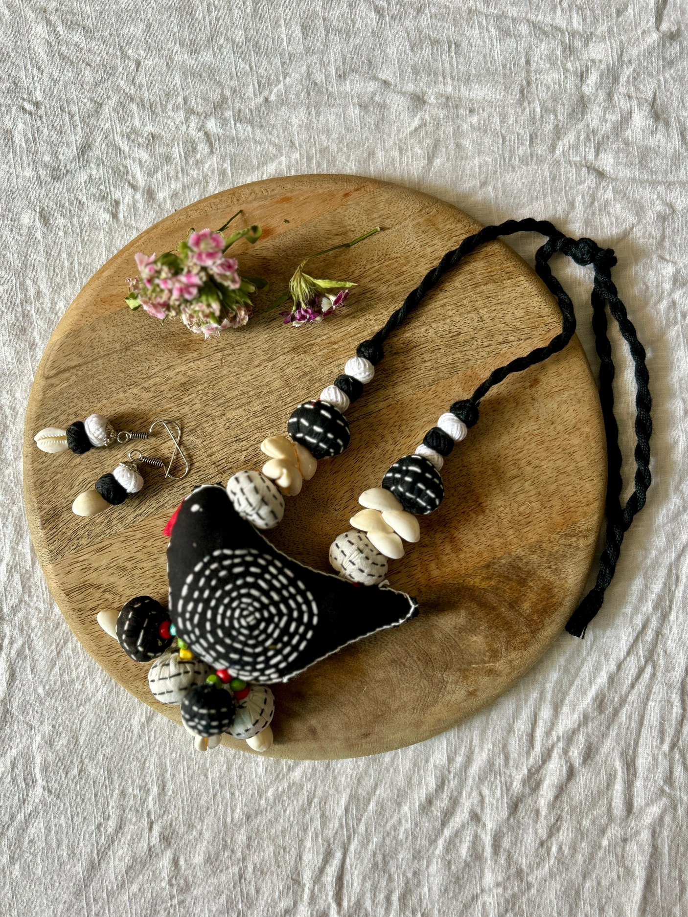 Kantha Embroidered Black and White Fabric Handmade Necklace