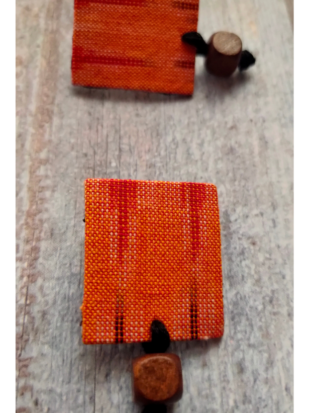 Orange Ikat Fabric Necklace Set with Wooden Beads Strands and Thread Closure