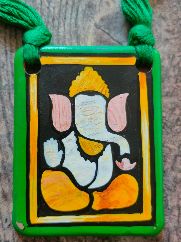 Handmade Ganesha Terracotta Necklace Set with Green Thread Closure