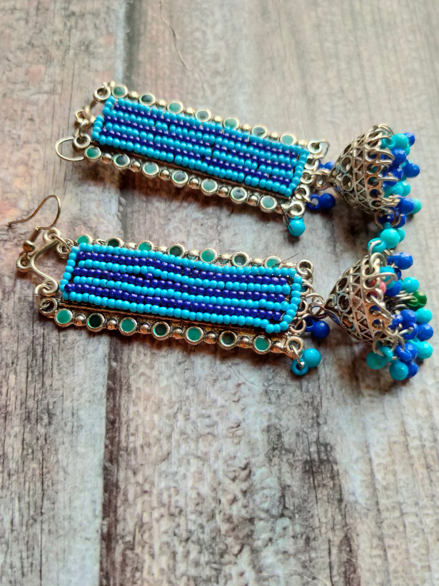 Blue Dual Tone Beads Metal Dangler Earrings with Jhumka