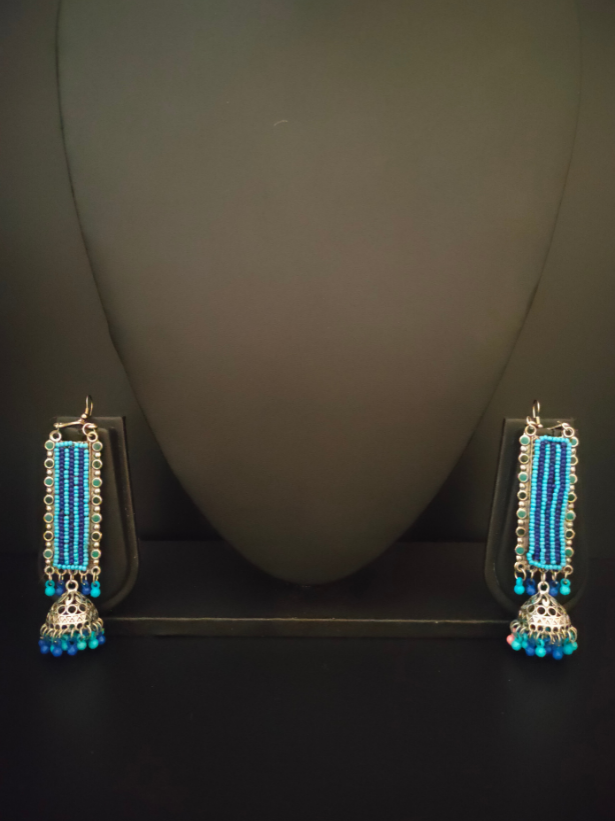 Blue Dual Tone Beads Metal Dangler Earrings with Jhumka