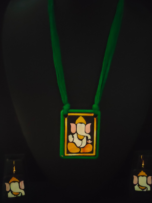 Handmade Ganesha Terracotta Necklace Set with Green Thread Closure