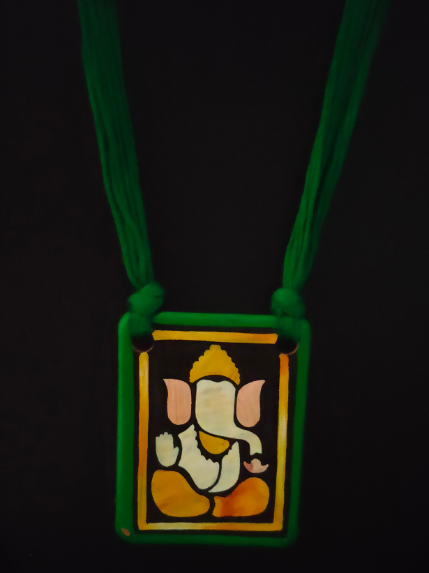 Handmade Ganesha Terracotta Necklace Set with Green Thread Closure