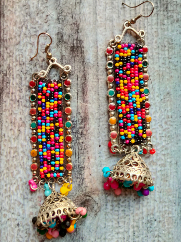 Multi-Color Beads Metal Dangler Earrings with Jhumka