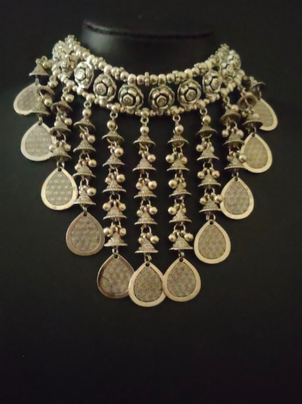 Metal Choker Necklace Set with Multiple Long Metal Beads Strands