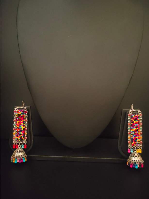 Multi-Color Beads Metal Dangler Earrings with Jhumka