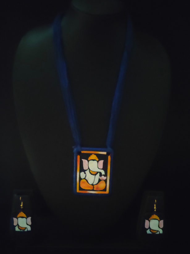 Handmade Ganesha Terracotta Necklace Set with Blue Thread Closure