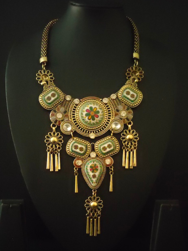 Antique Gold Finish Intricately Detailed Flowers Painted Necklace