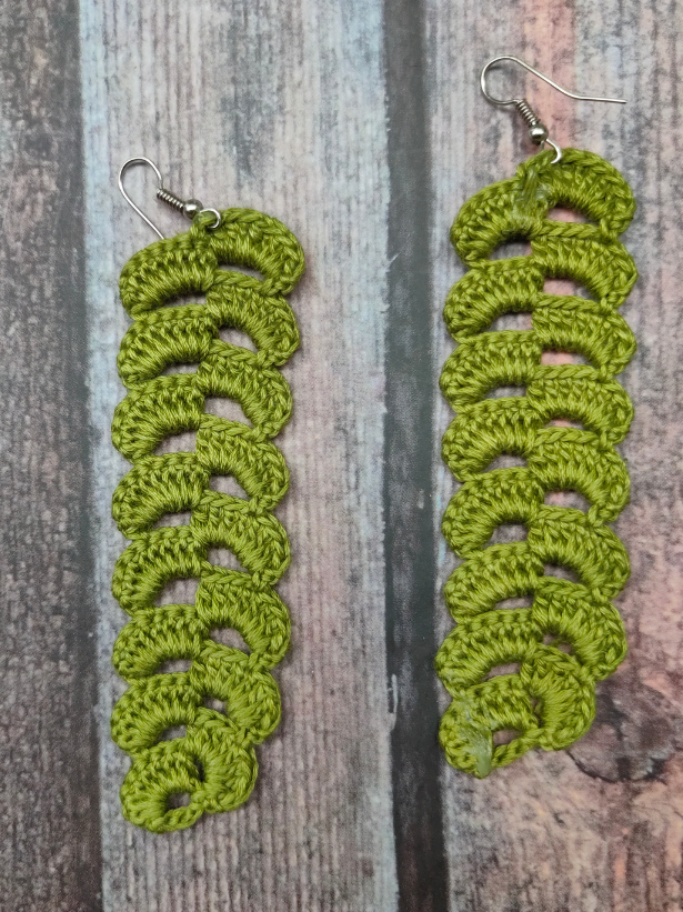 Green Hand Knitted Long Dangler Crochet Earrings