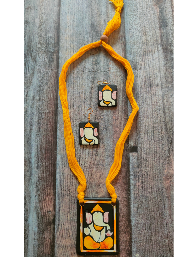 Handmade Ganesha Terracotta Necklace Set with Yellow Thread Closure