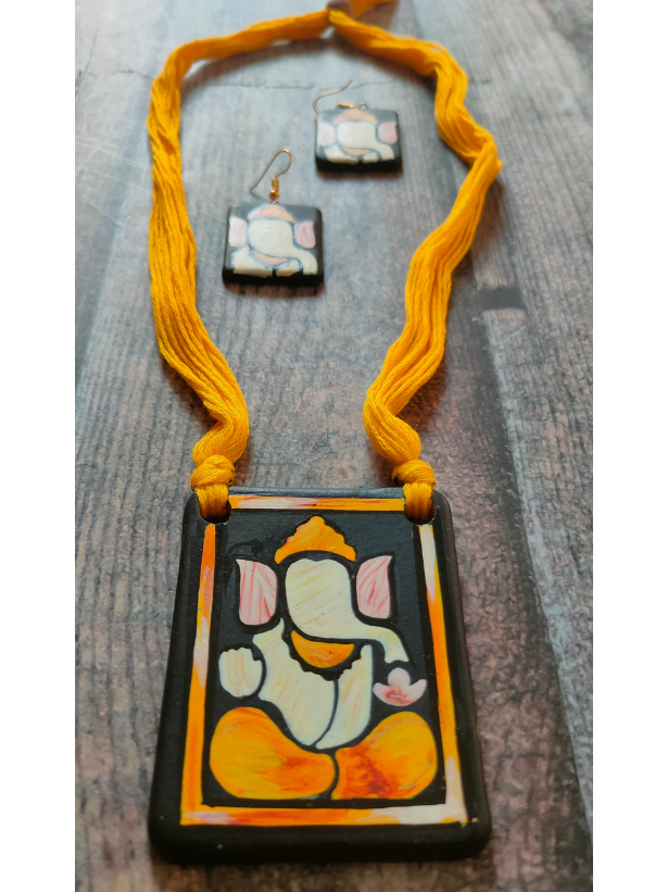 Handmade Ganesha Terracotta Necklace Set with Yellow Thread Closure