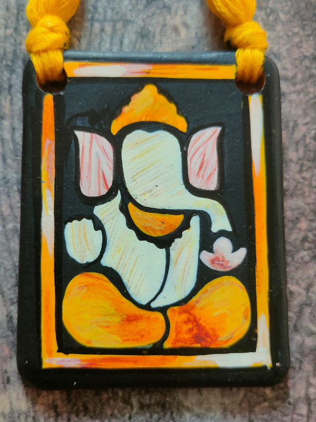 Handmade Ganesha Terracotta Necklace Set with Yellow Thread Closure