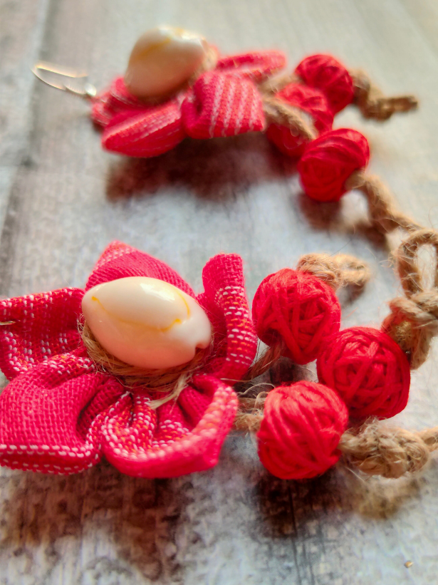 Handcrafted Fabric Earrings with Shell and Jute Strings