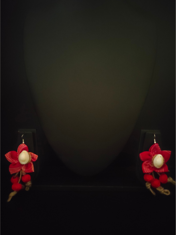 Handcrafted Fabric Earrings with Shell and Jute Strings