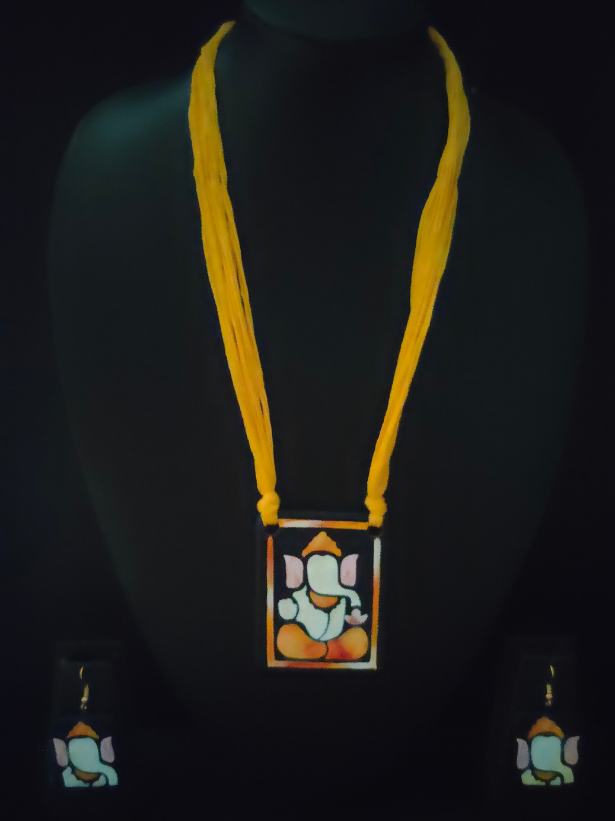Handmade Ganesha Terracotta Necklace Set with Yellow Thread Closure