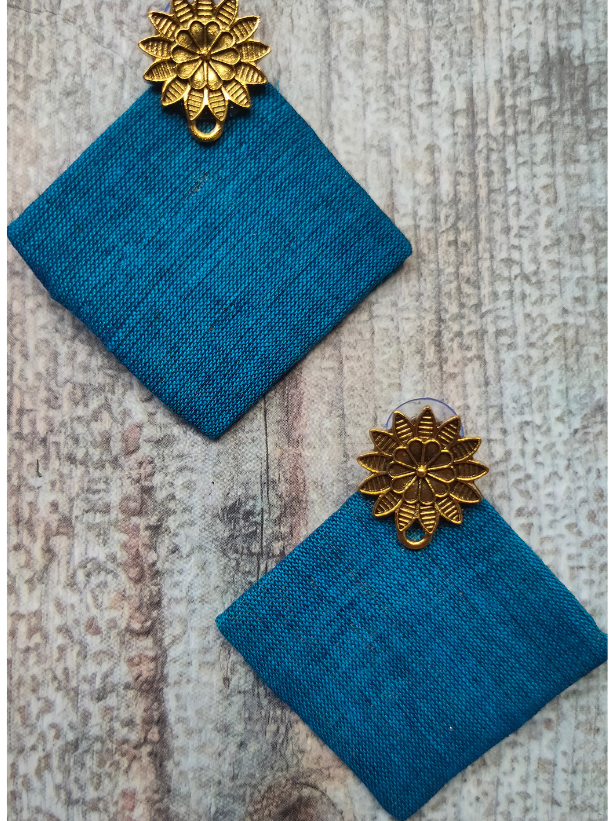 Elegant Blue Fabric Earrings with Antique Gold Finish Metal Flower