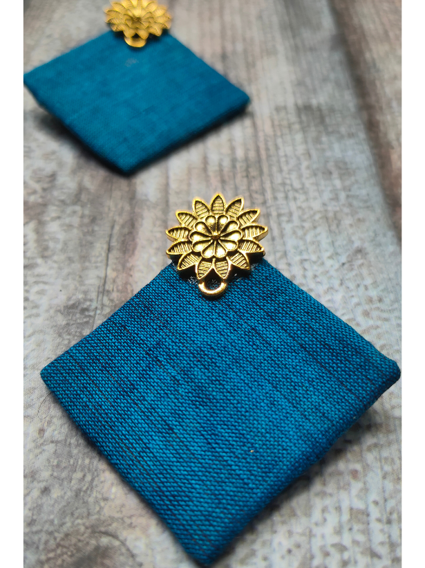 Elegant Blue Fabric Earrings with Antique Gold Finish Metal Flower
